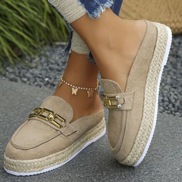 Women's Tan Slip On Faux Sued Loafers with Gold Chain Accent Sz 9 (40) - Picture 1 of 13